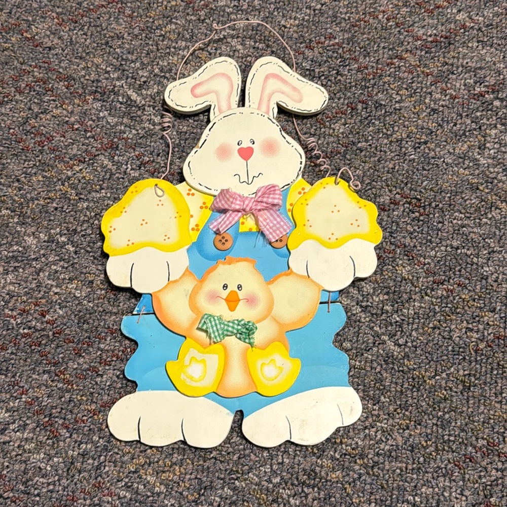 Vintage Easter Decor Bunny Rabbit Chick Egg Wooden Swinging Door hanging wall